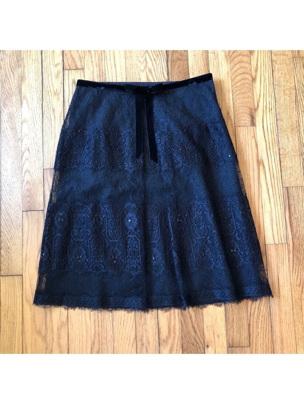 Ann Taylor NWT Women's Black Lace A-Line Skirt With Velvet Belt And Bow Size 4
